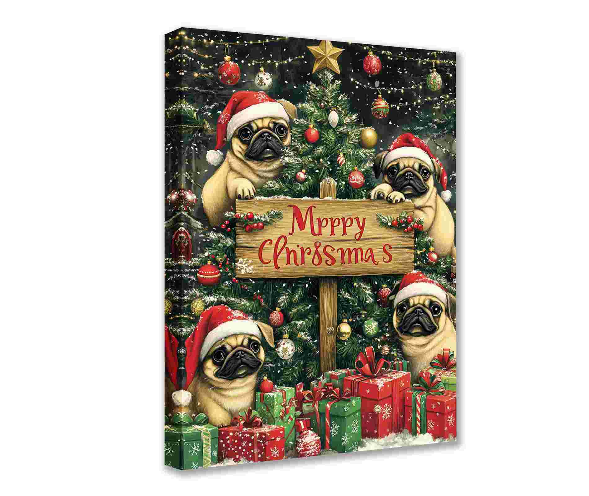 Christmas Pugs with Santa Hats Canvas Wall Art