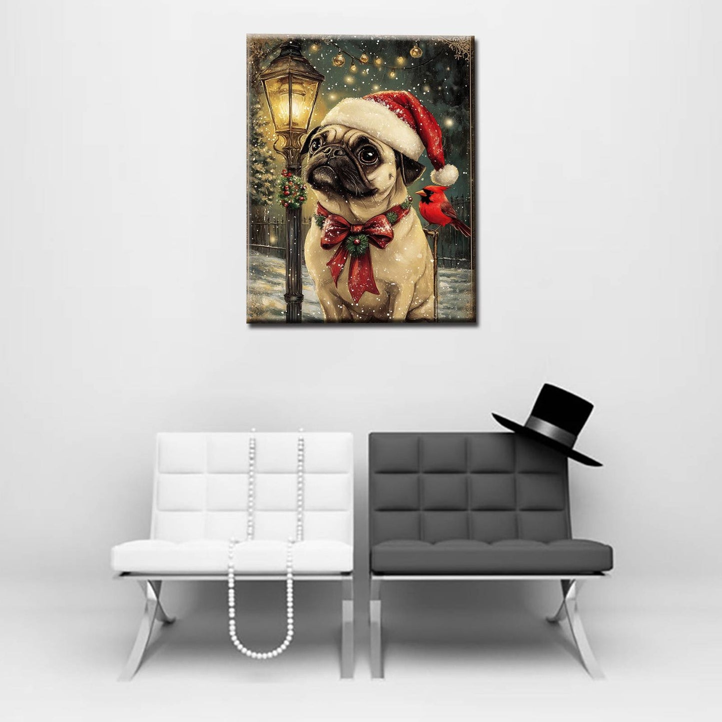 Festive Pug in Snow with Cardinal Canvas Wall Art