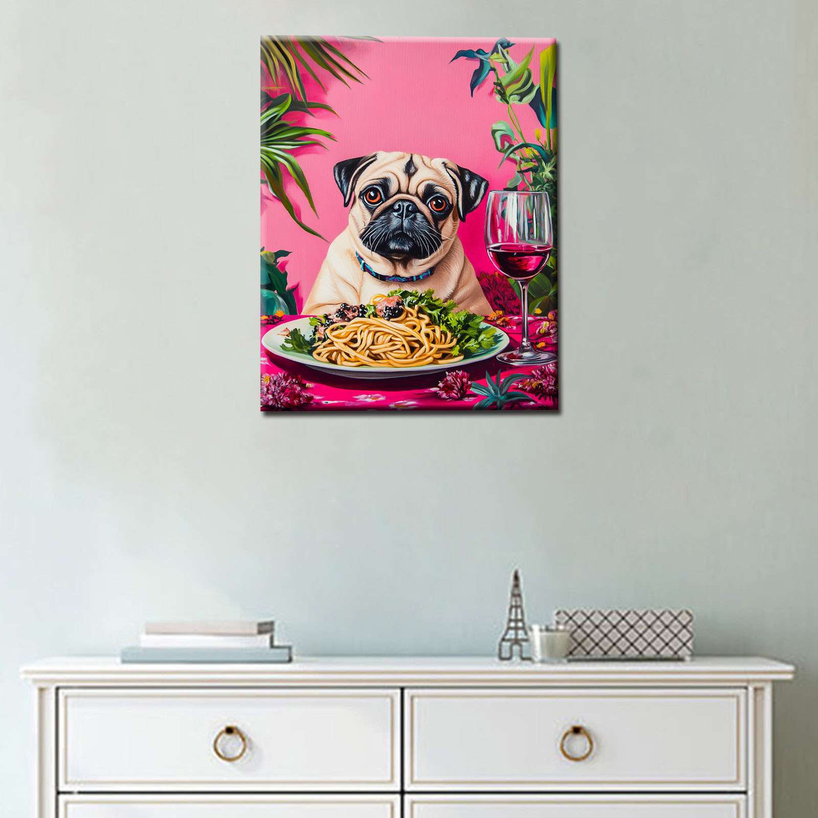 Elegant Pug Dining with Pasta Canvas Wall Art