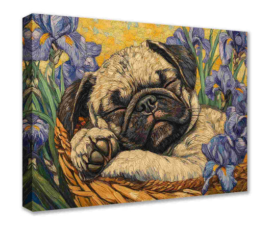 Sleeping Pug in Flower Basket Canvas Wall Art