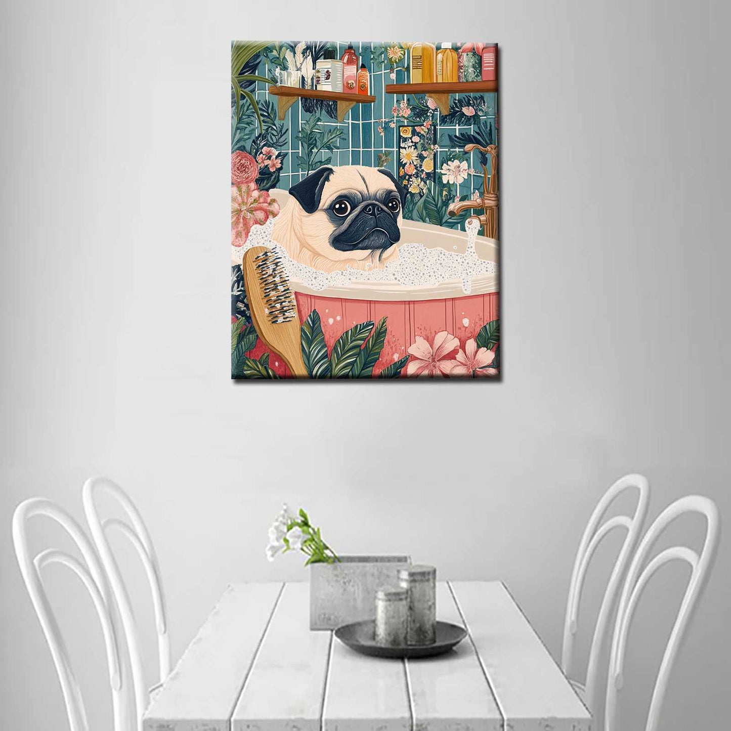 Pug in Bubble Bath Botanical Canvas Wall Art