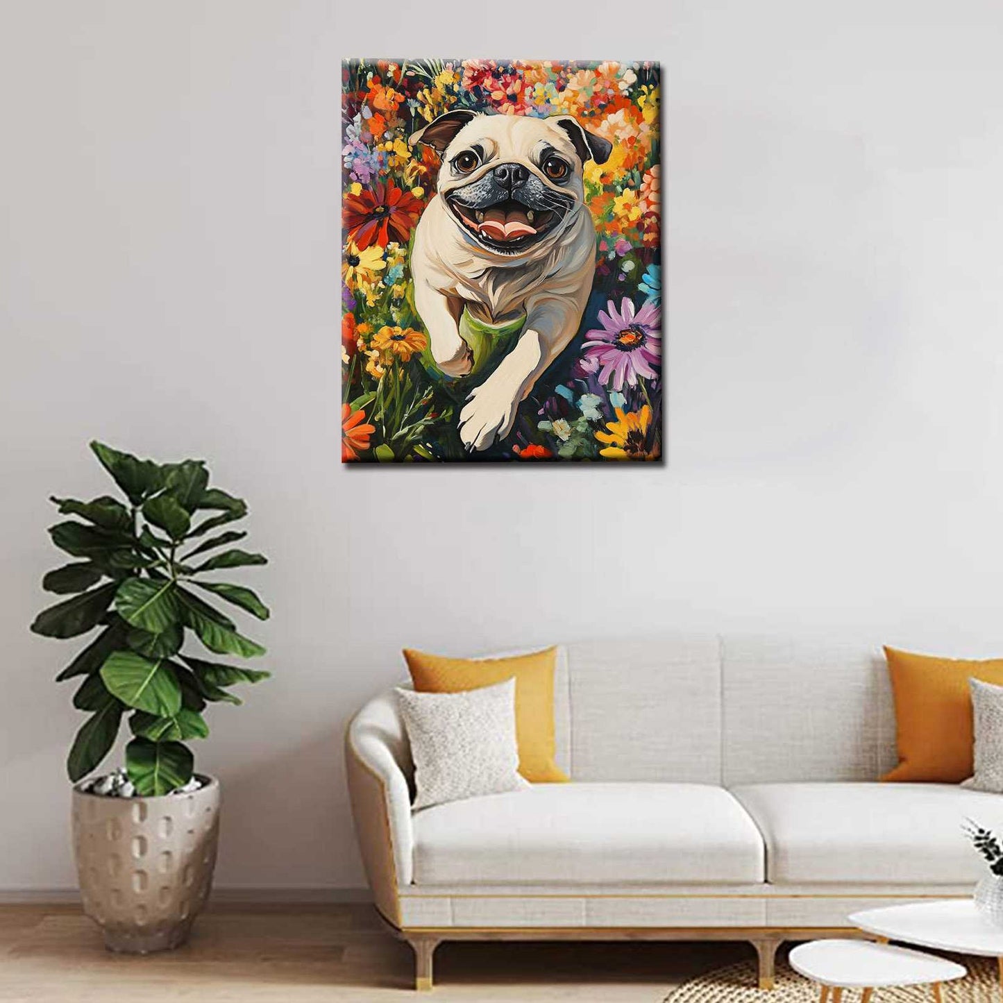 Happy Pug in a Field of Flowers Canvas Wall Art