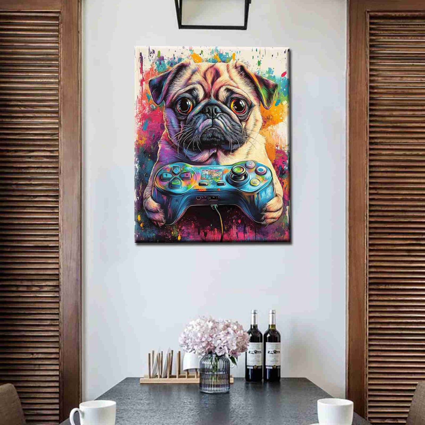 Playful Pug with Game Controller Canvas Wall Art