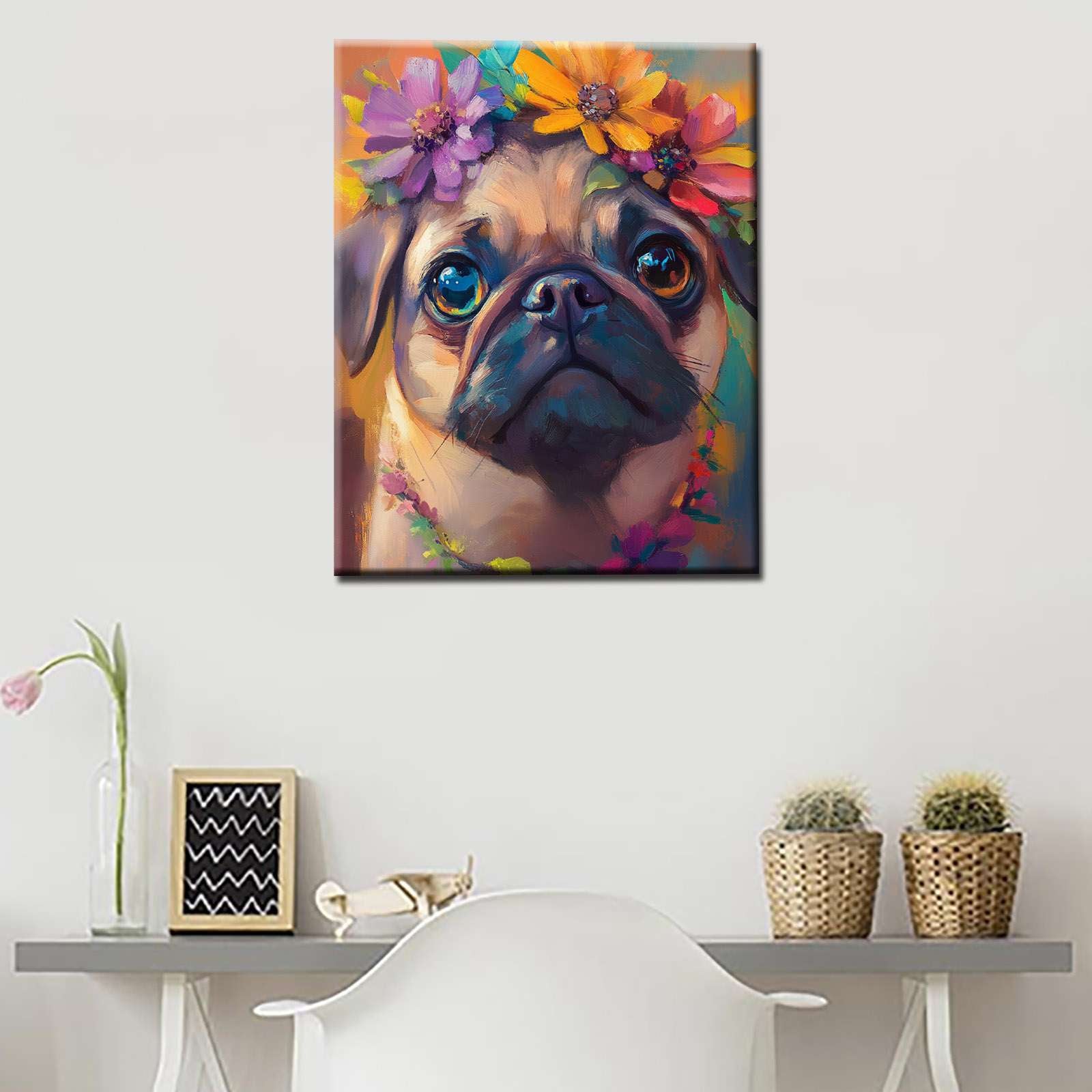 Floral Crown Pug Canvas Wall Art