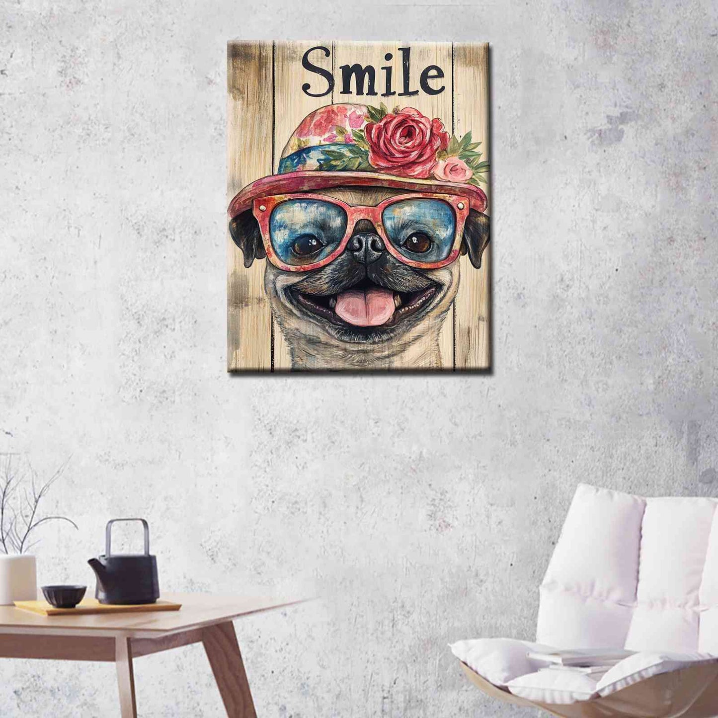 Smiling Pug with Hat and Glasses Canvas Wall Art