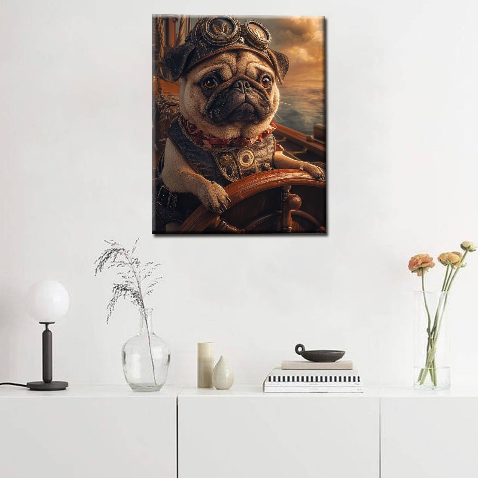 Steampunk Captain Pug at the Helm Canvas Wall Art