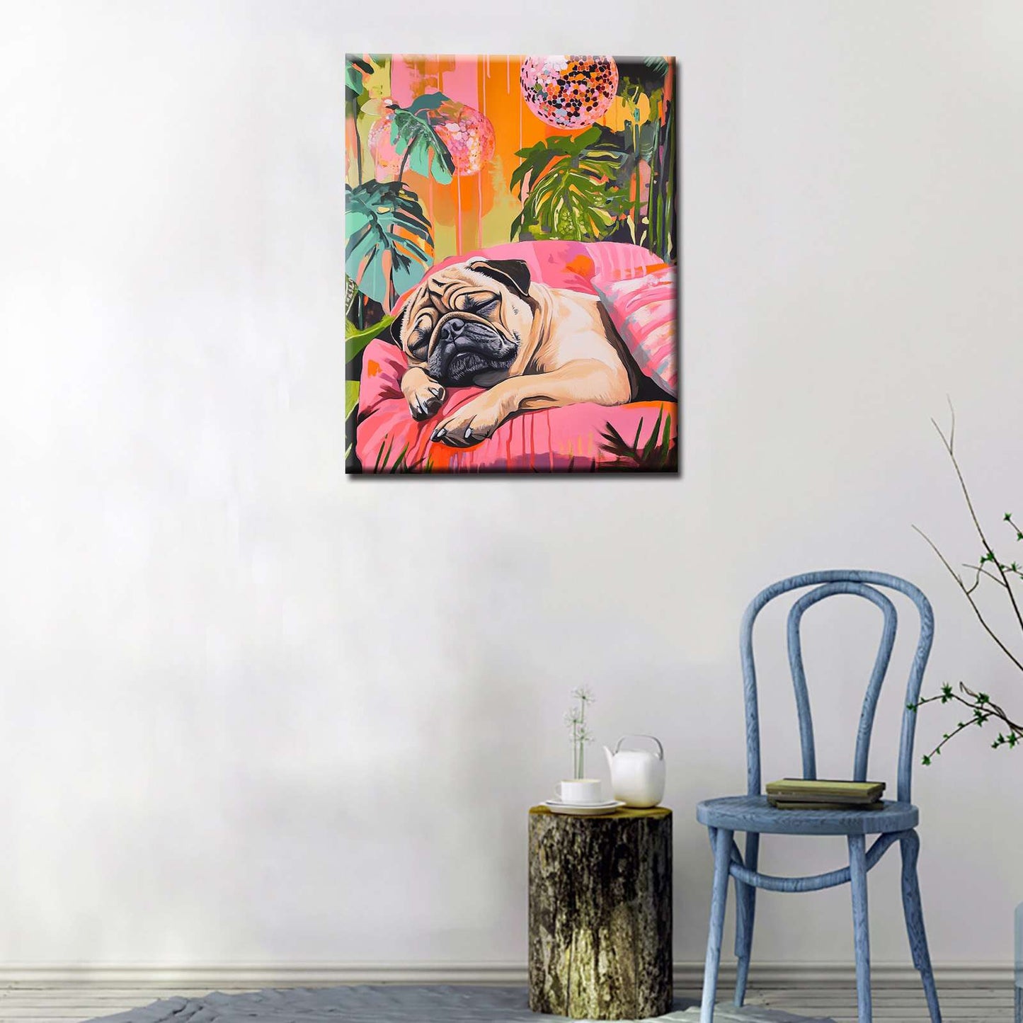 Sleeping Pug in Tropical Oasis Canvas Wall Art