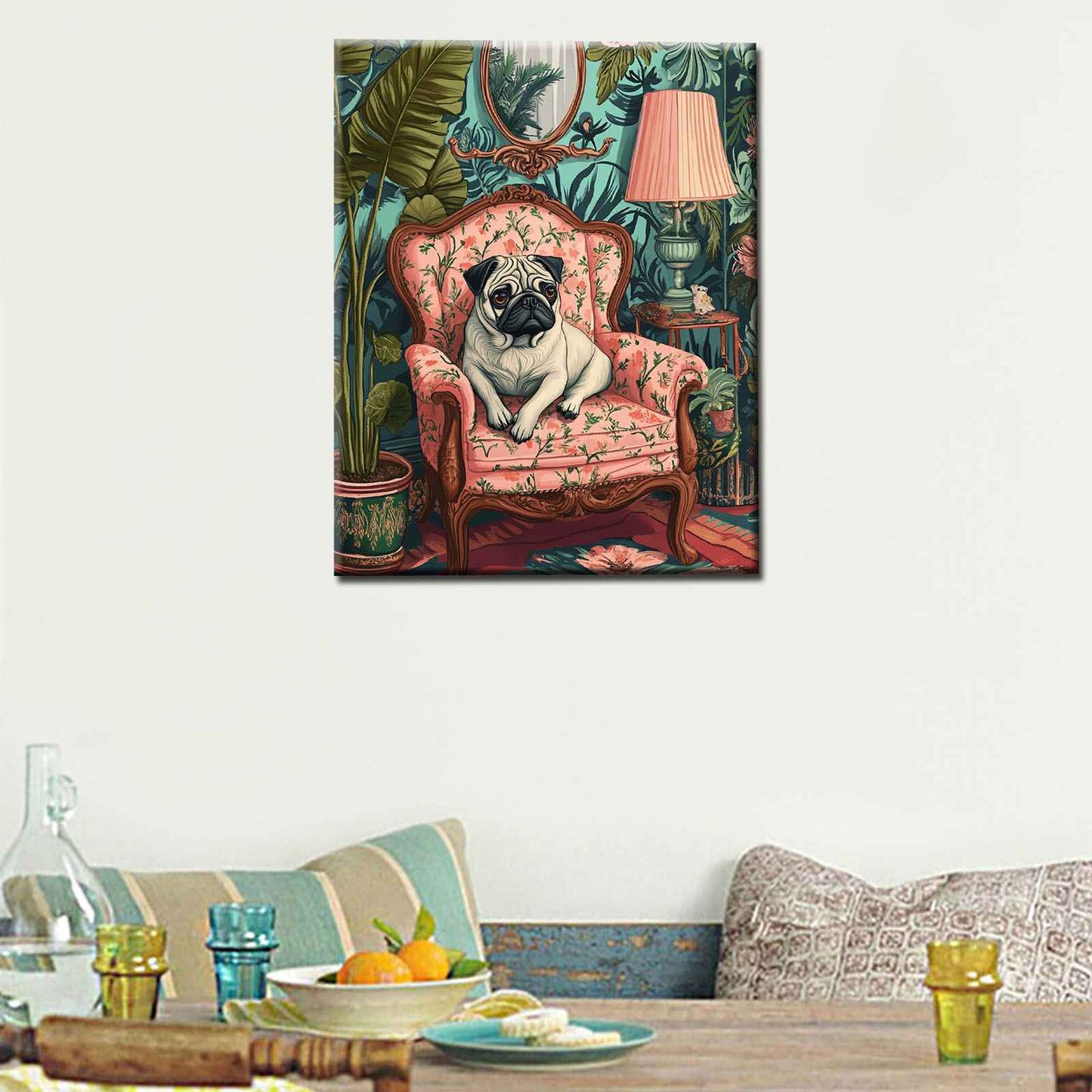 Vintage Pug on Floral Armchair Canvas Wall Art