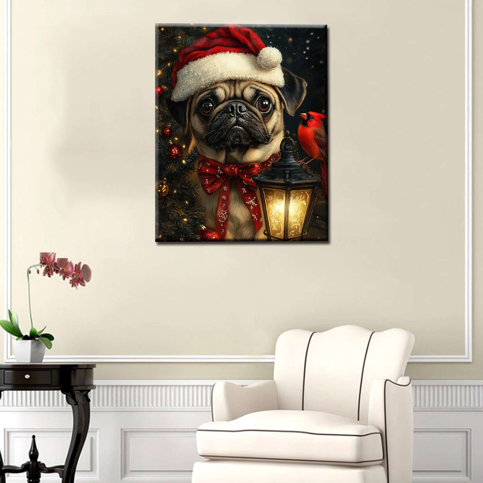 Christmas Pug with Lantern Canvas Wall Art