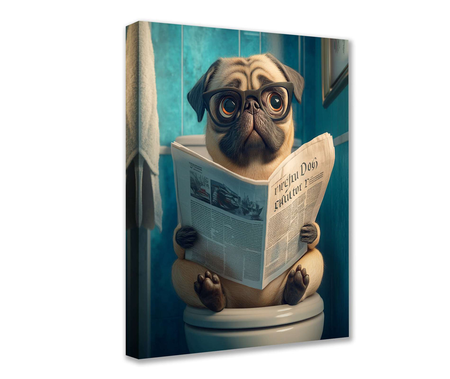 Pug with Glasses Reading Newspaper Canvas Wall Art