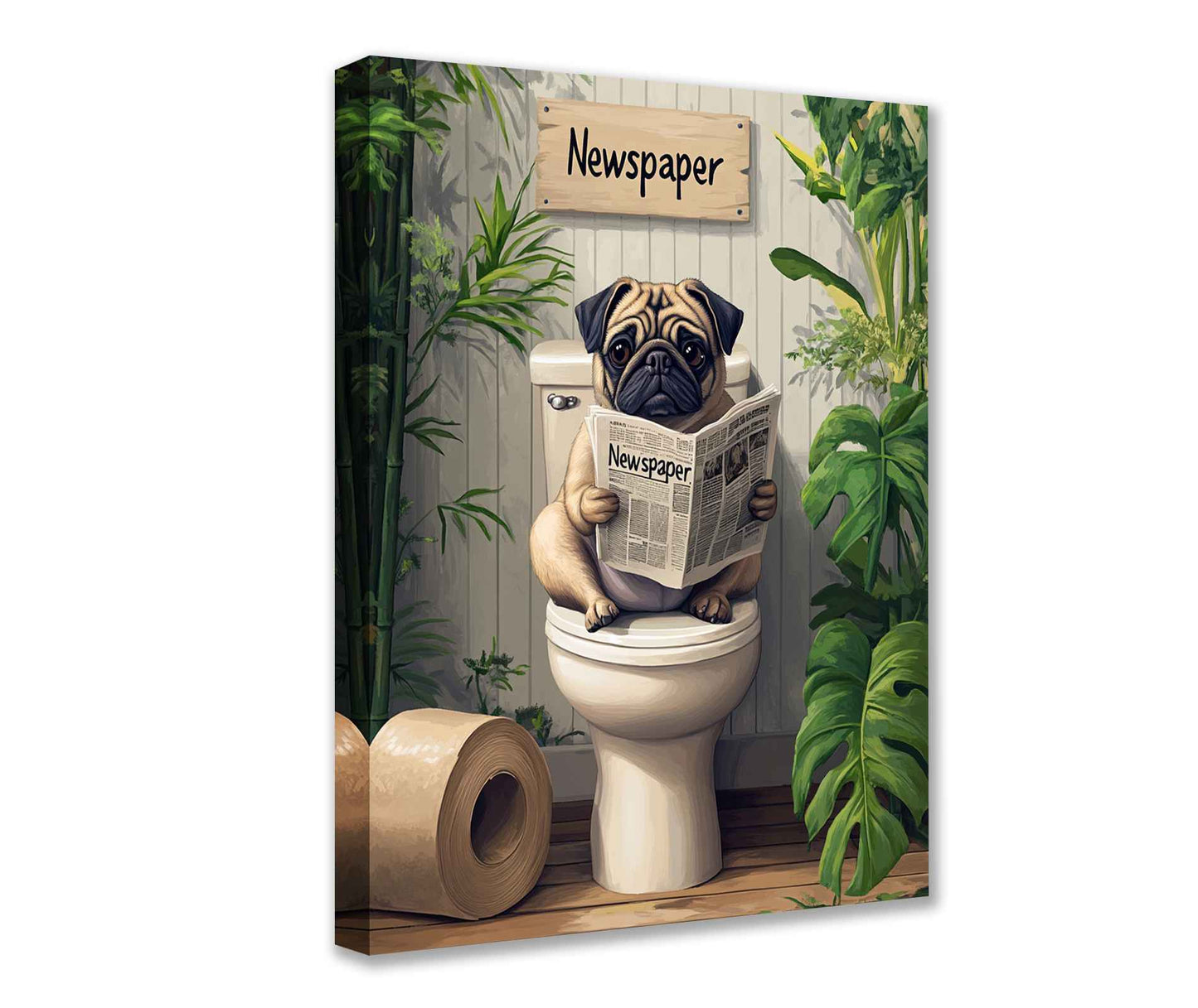 Pug Reading Newspaper on Toilet Canvas Wall Art