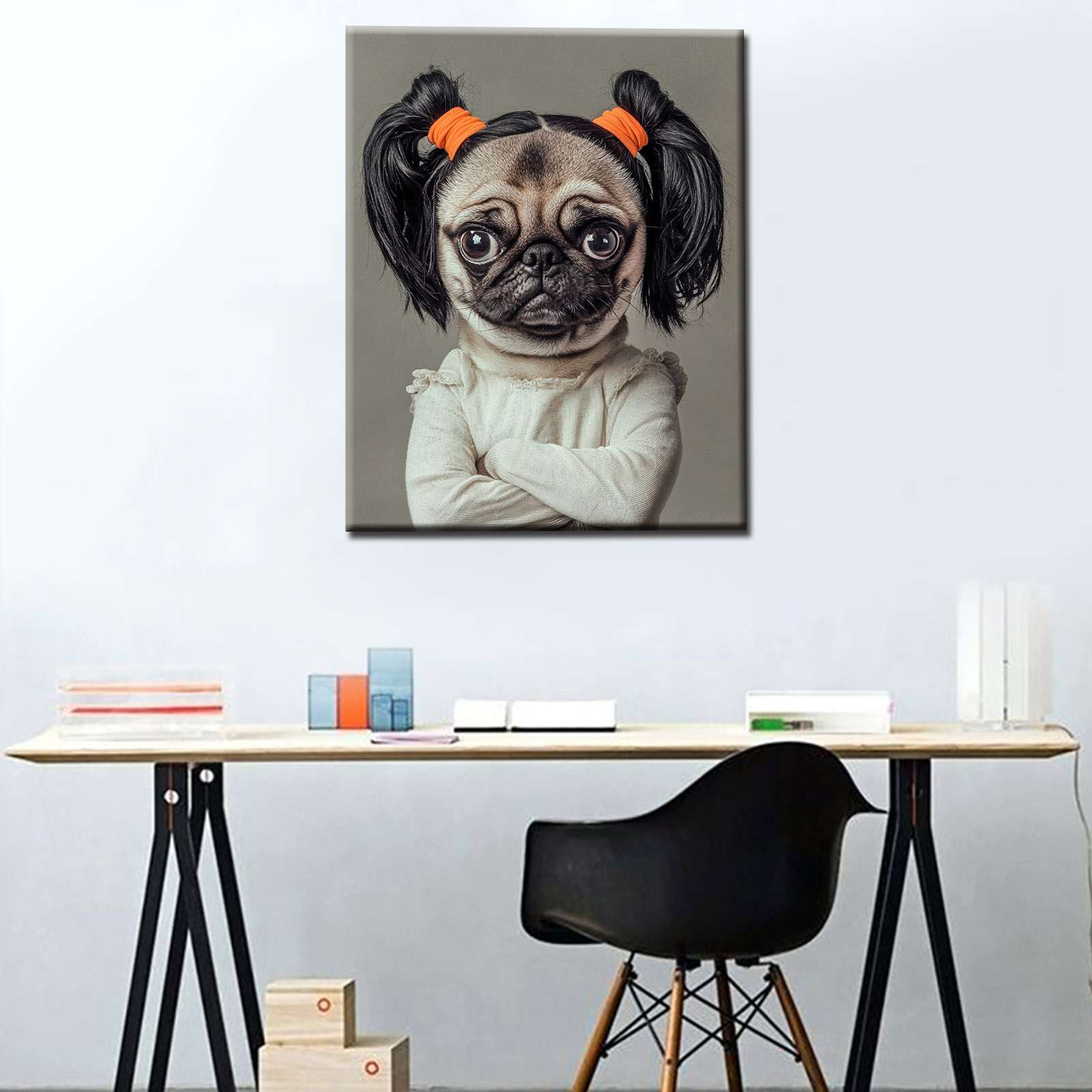 Pug with Pigtails Funny Canvas Wall Art