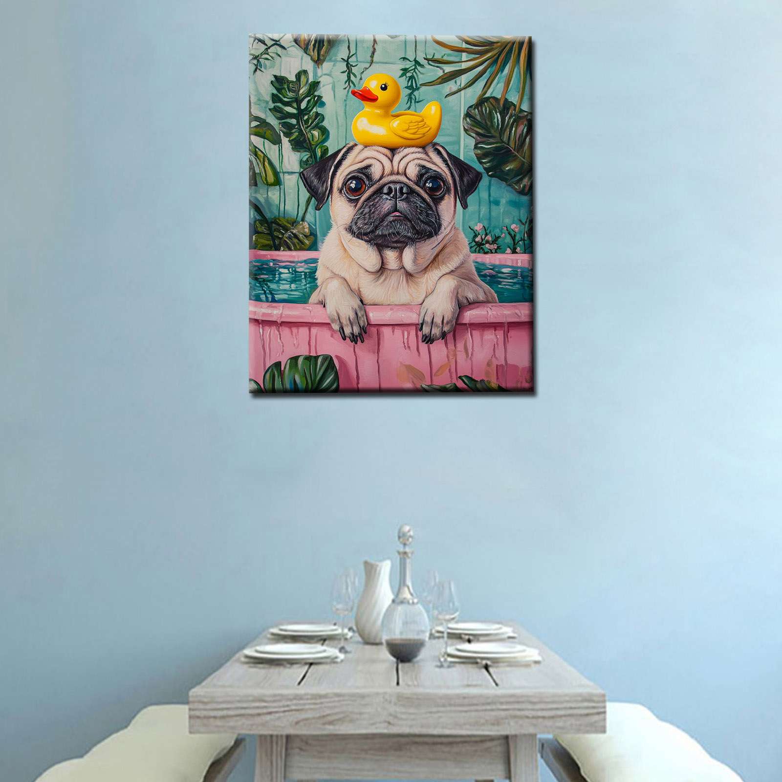 Bathtub Pug with Rubber Duck Canvas Wall Art