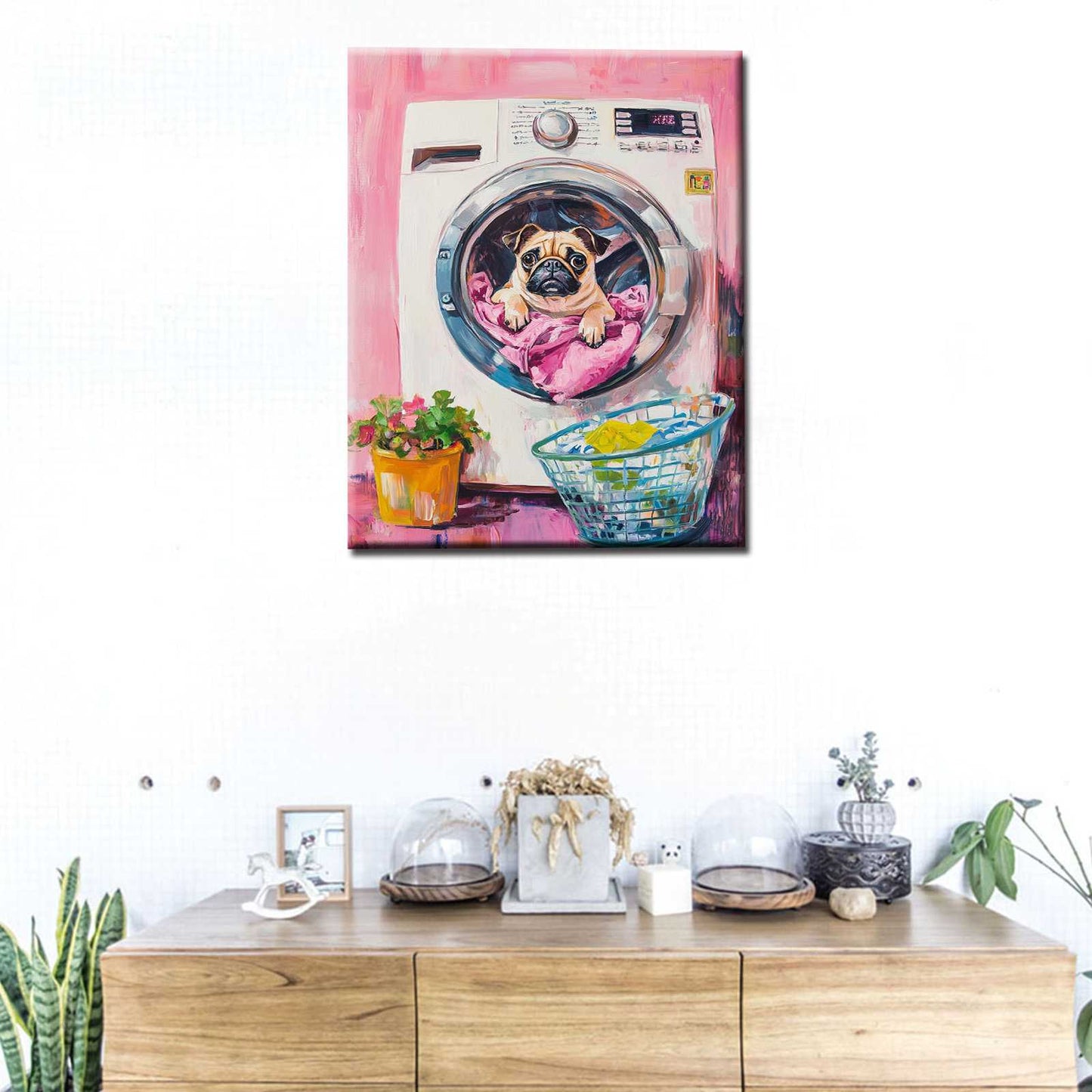 Playful Pug in Washing Machine Canvas Wall Art