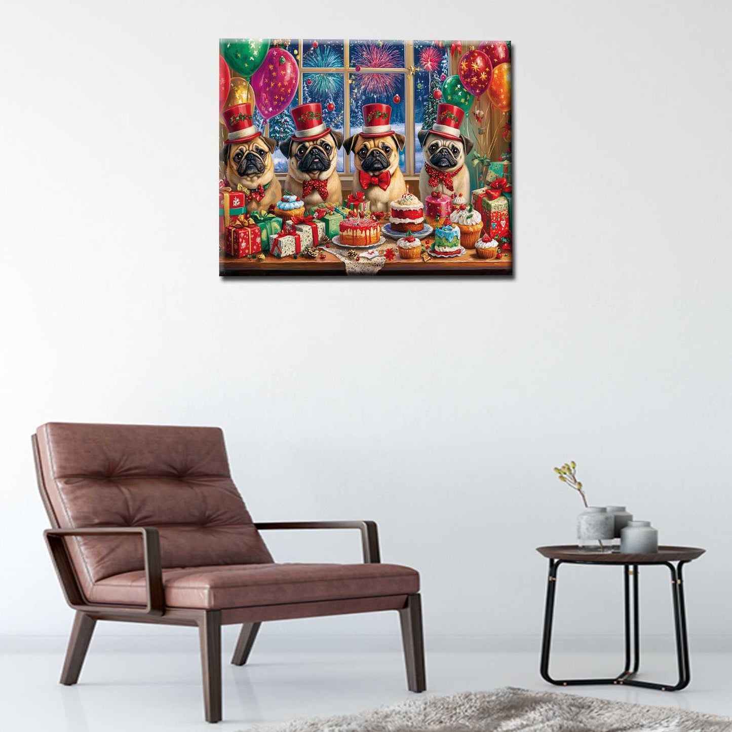 Festive Pug Party with Fireworks Canvas Wall Art