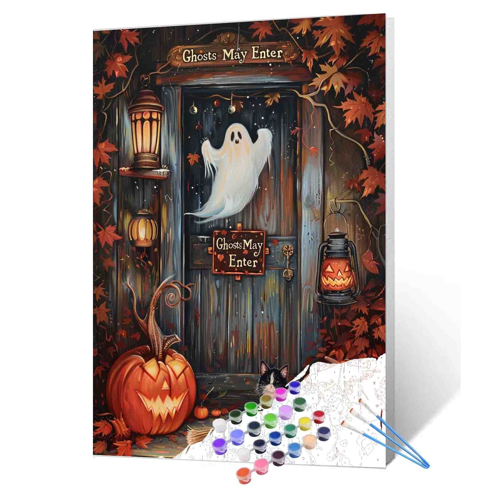 Pumpkin Porch Ghost Scene Paint by Numbers