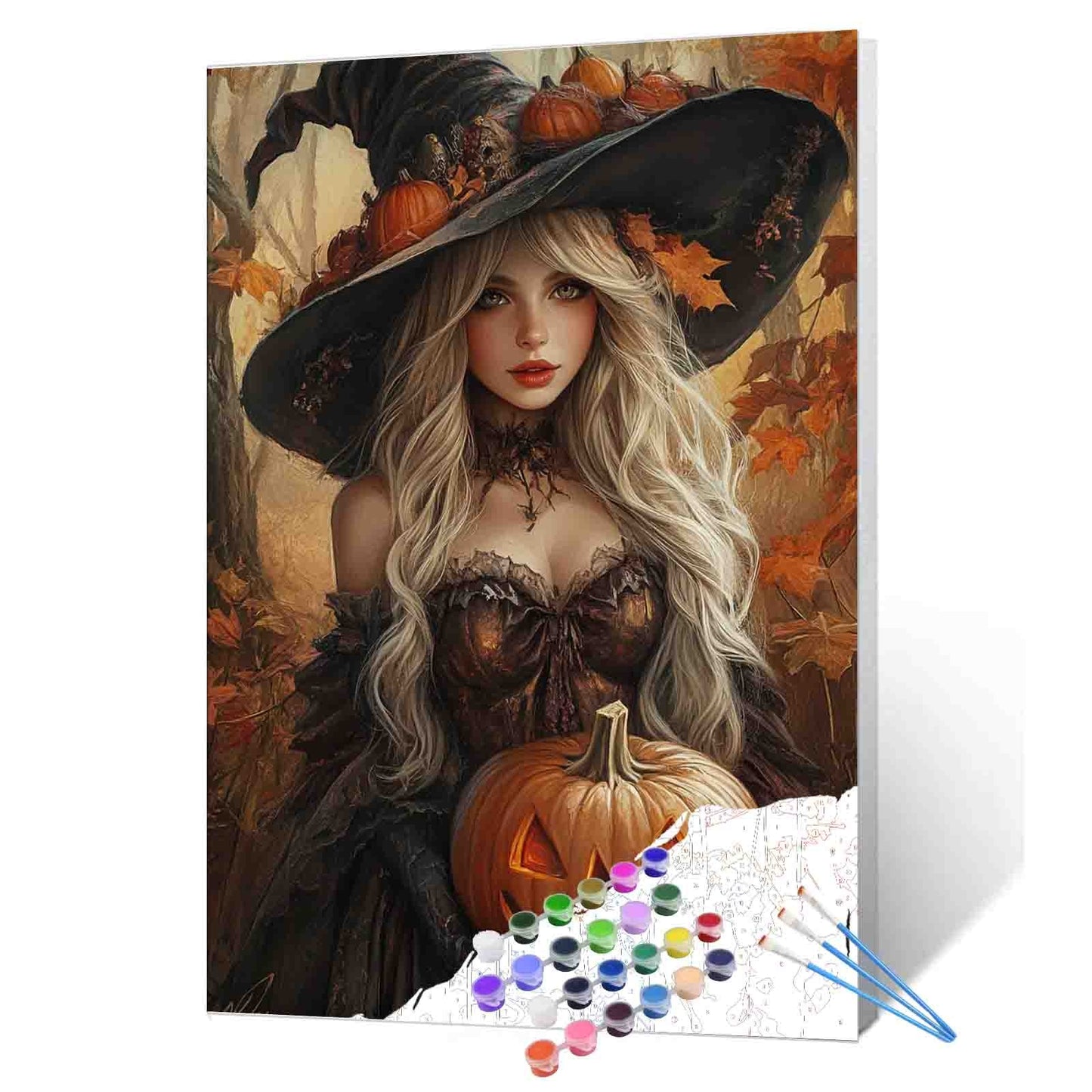 Pumpkin Witch in Autumn Forest Paint by Numbers