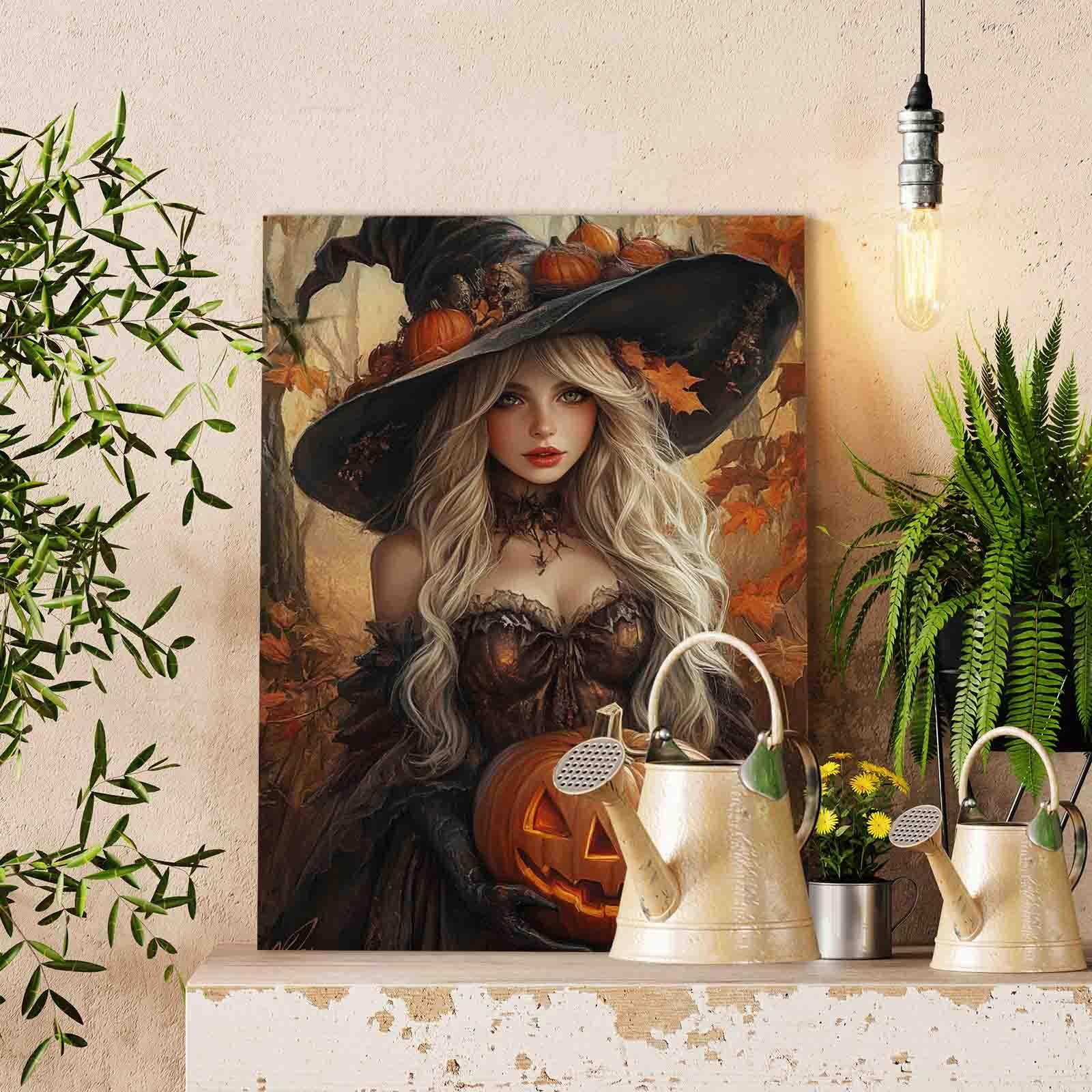 Pumpkin Witch in Autumn Forest Paint by Numbers