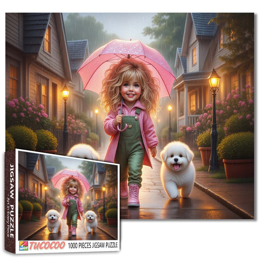Rainy Evening Walk With Pink Umbrella Jigsaw Puzzle