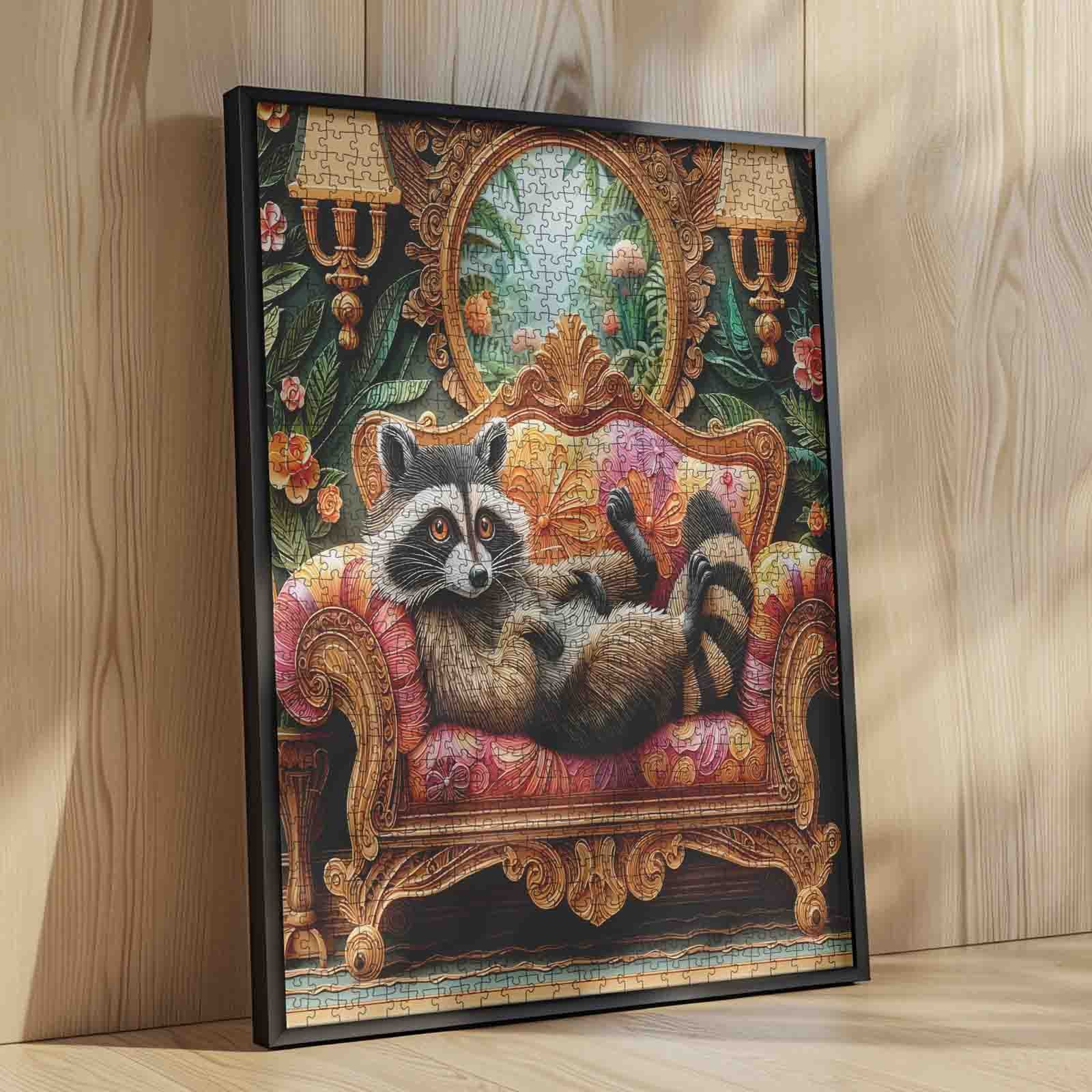 Relaxed Raccoon on Ornate Sofa Jigsaw Puzzle