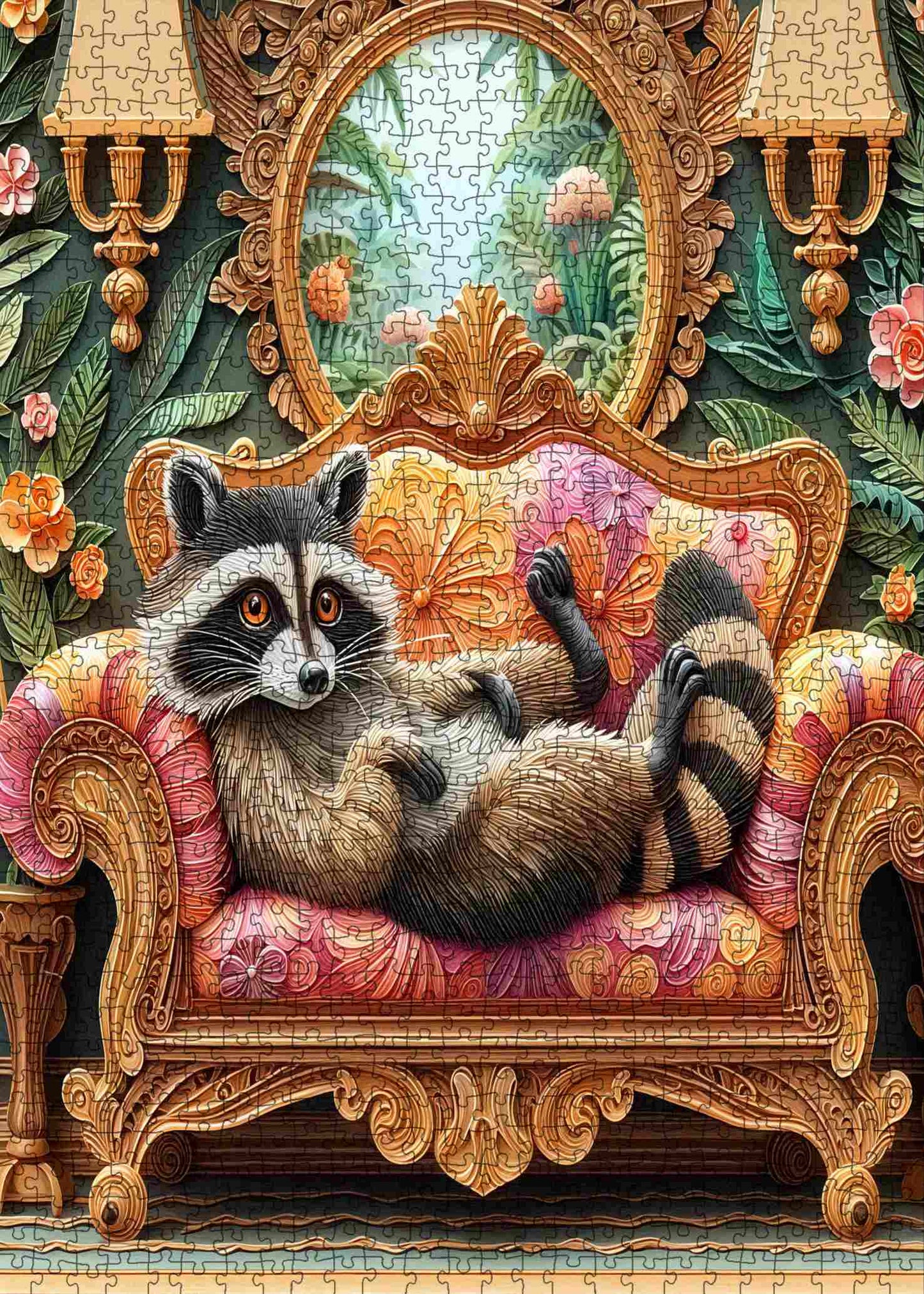 Relaxed Raccoon on Ornate Sofa Jigsaw Puzzle