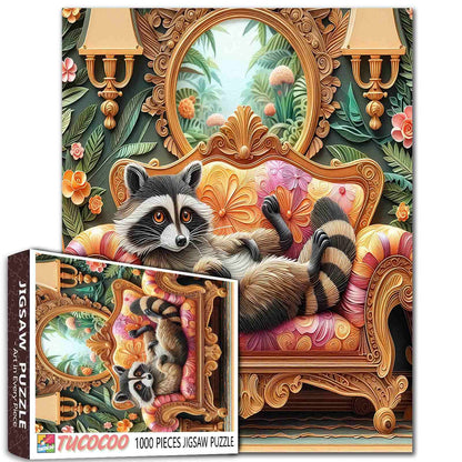 Relaxed Raccoon on Ornate Sofa Jigsaw Puzzle