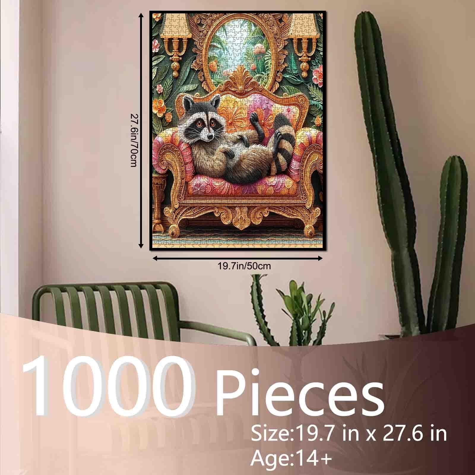 Relaxed Raccoon on Ornate Sofa Jigsaw Puzzle