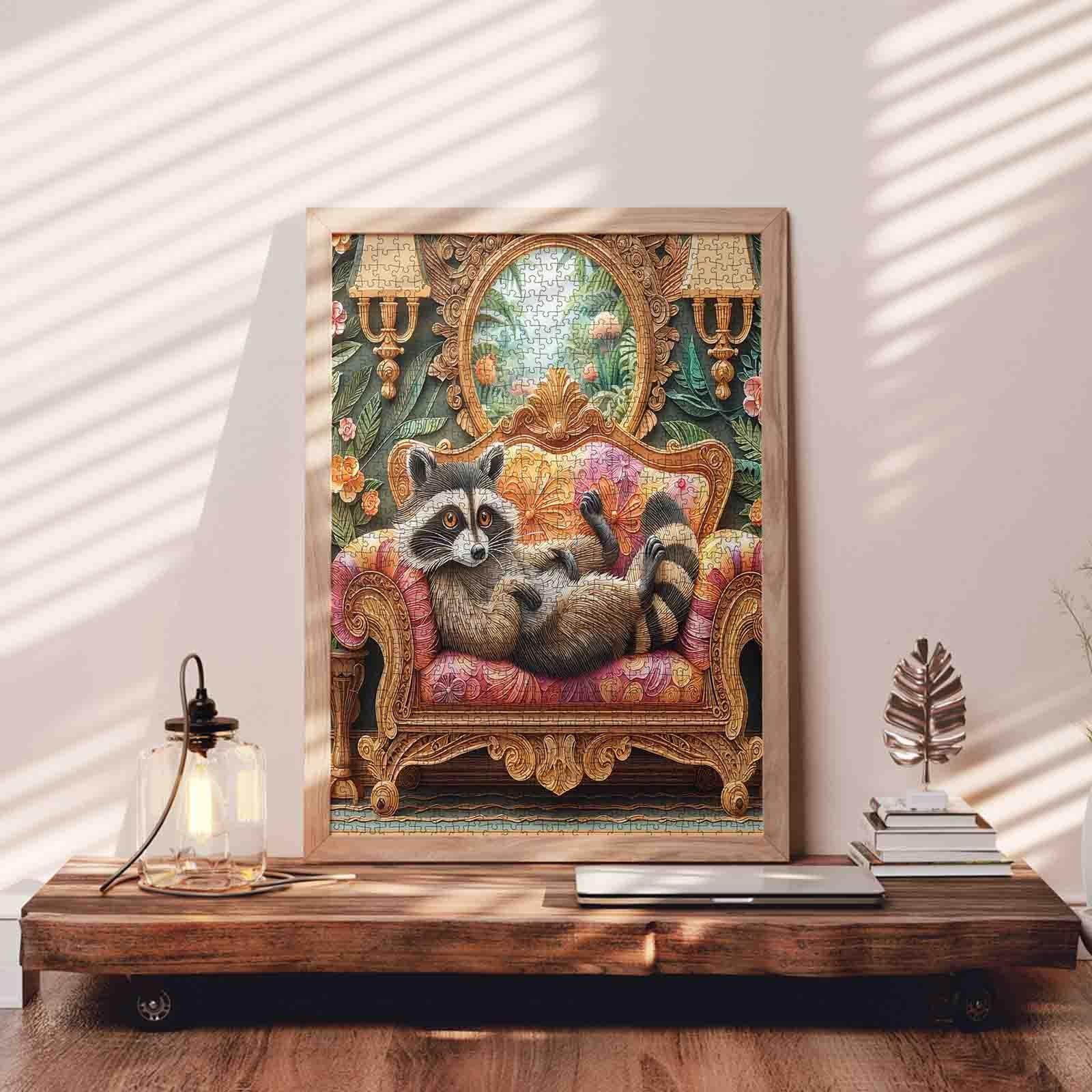 Relaxed Raccoon on Ornate Sofa Jigsaw Puzzle