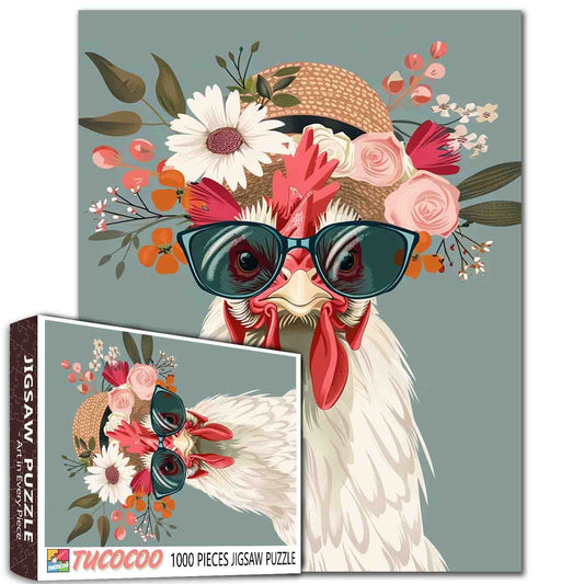 Rooster Wear Shades Straw Hat Jigsaw Puzzle