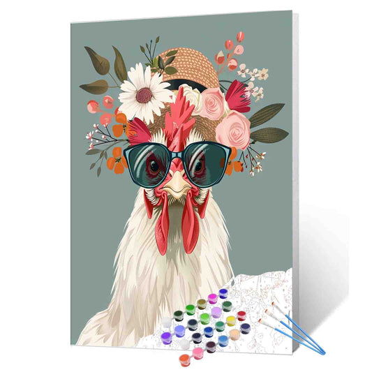 Rooster Wearing Shades Straw Hat Paint by Numbers