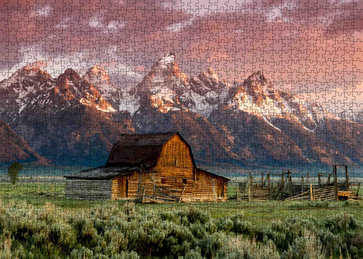 Rustic Barn Beneath Mountain Peaks Jigsaw Puzzle