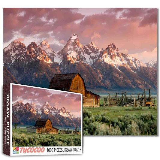 Rustic Barn Beneath Mountain Peaks Jigsaw Puzzle