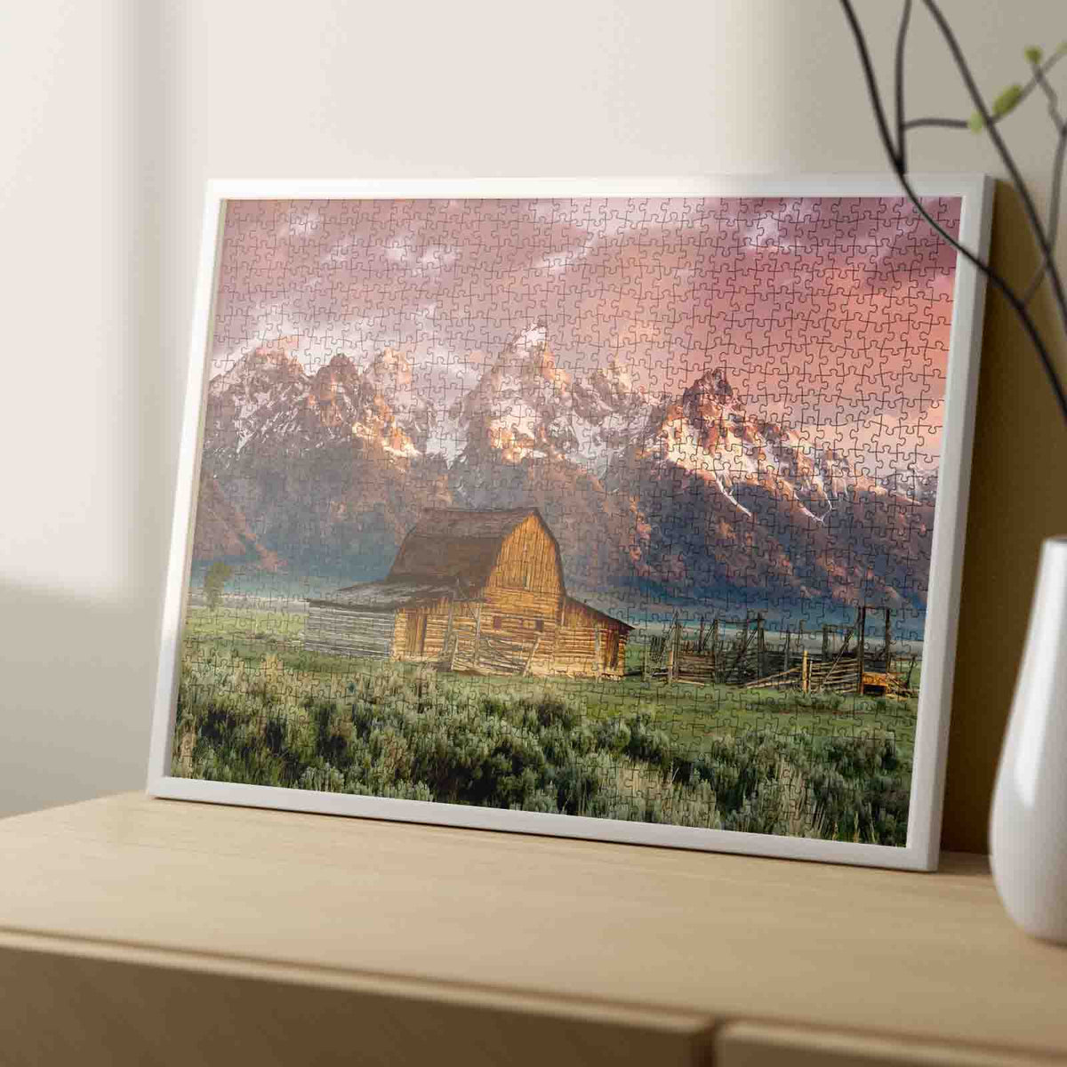 Rustic Barn Beneath Mountain Peaks Jigsaw Puzzle