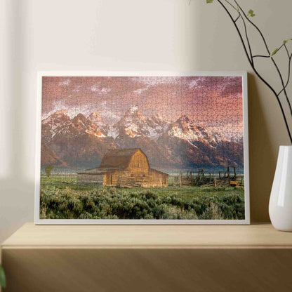 Rustic Barn Beneath Mountain Peaks Jigsaw Puzzle