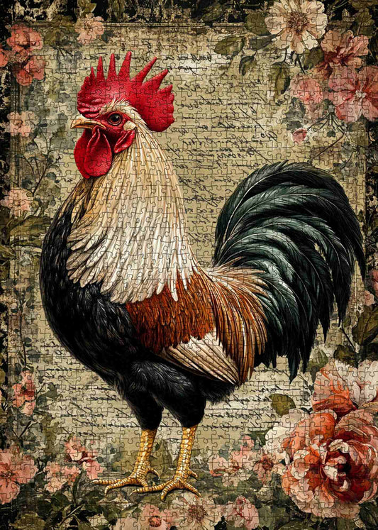 Rustic Rooster Vintage Animal Painting Jigsaw Puzzle