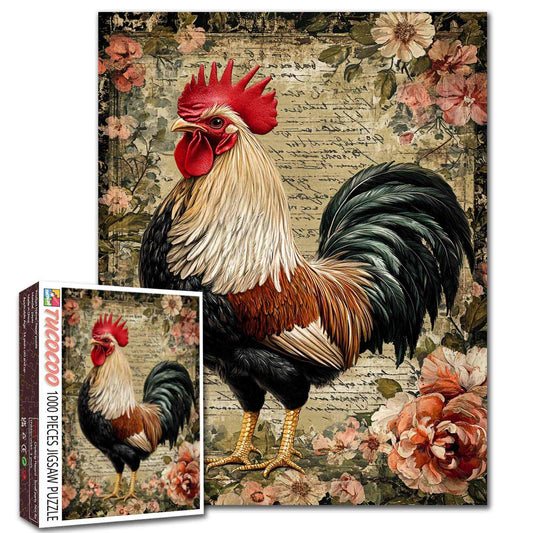 Rustic Rooster Vintage Animal Painting Jigsaw Puzzle