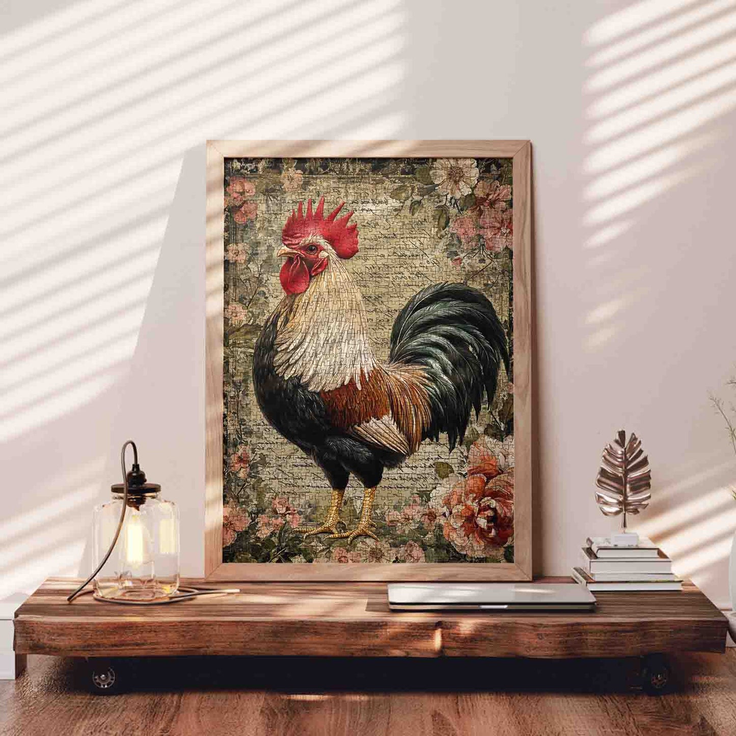 Rustic Rooster Vintage Animal Painting Jigsaw Puzzle