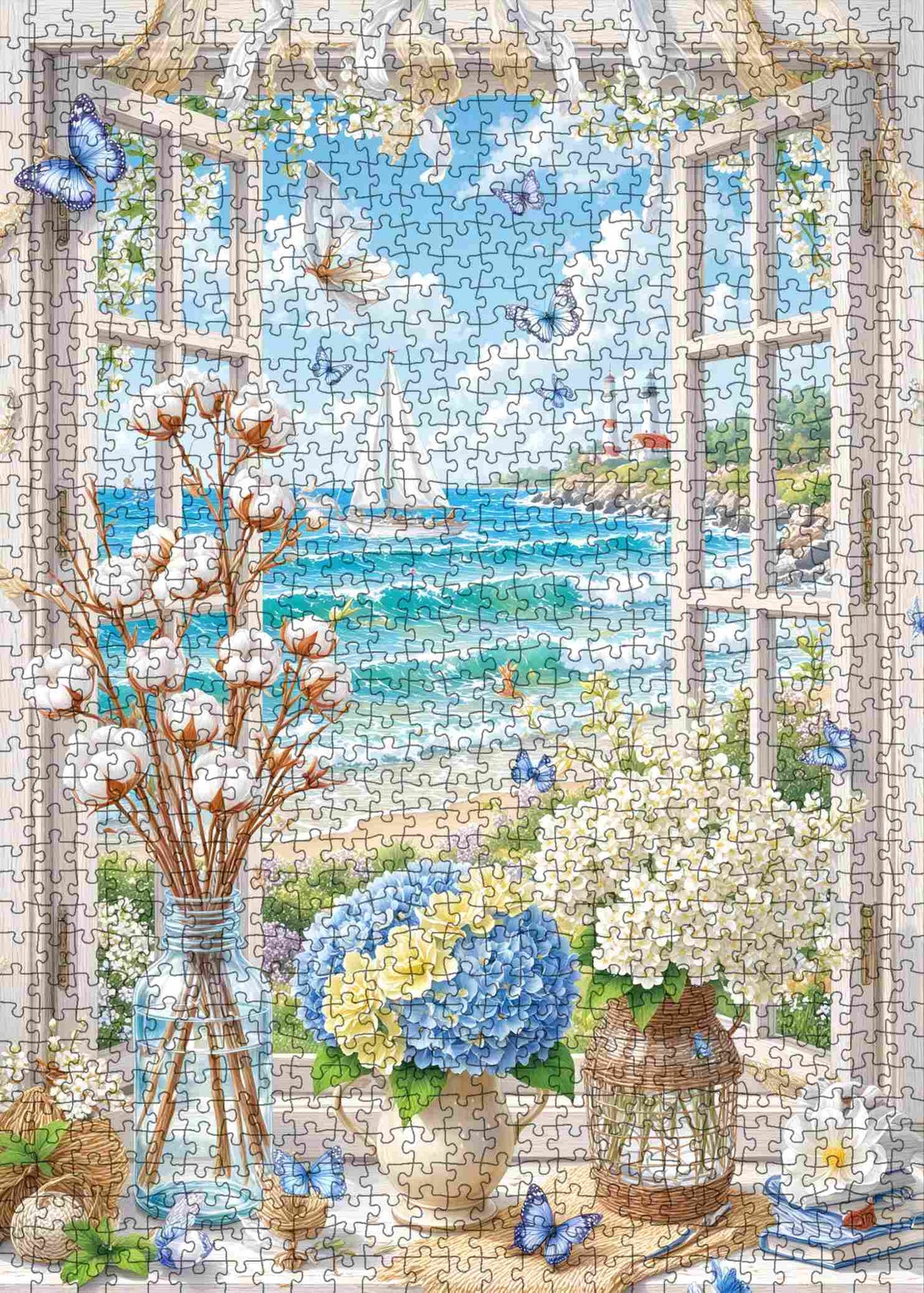Seaside Window Hydrangea Garden Jigsaw Puzzle