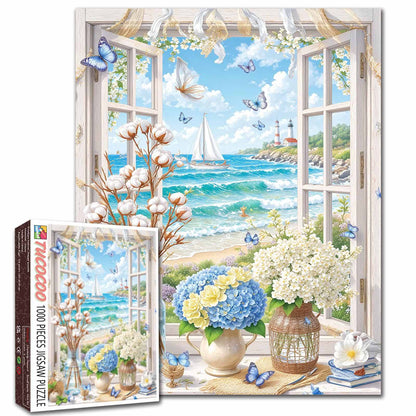 Seaside Window Hydrangea Garden Jigsaw Puzzle