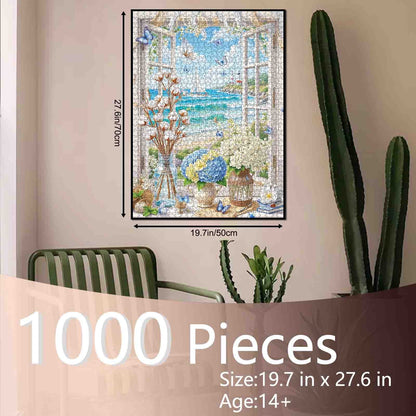 Seaside Window Hydrangea Garden Jigsaw Puzzle