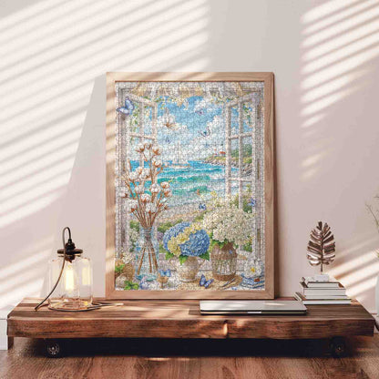 Seaside Window Hydrangea Garden Jigsaw Puzzle
