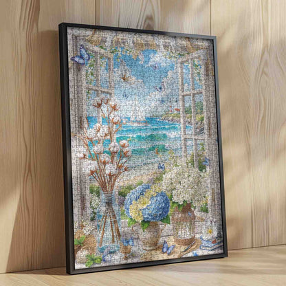 Seaside Window Hydrangea Garden Jigsaw Puzzle