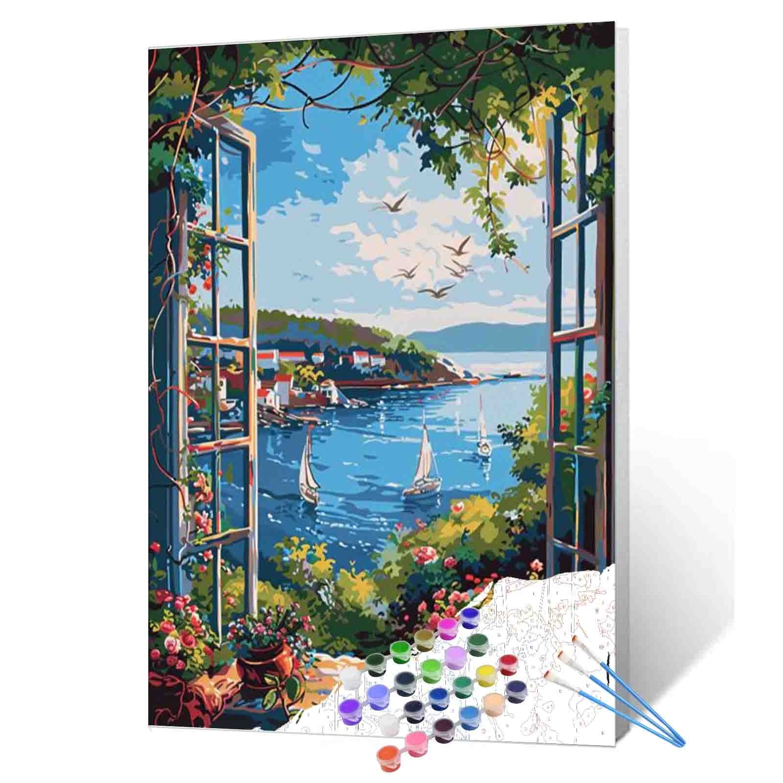 原画　「Beautiful balcony」アクリル画　オリジナル作品 Seaside Balcony View paint by numbers – Tucocoo