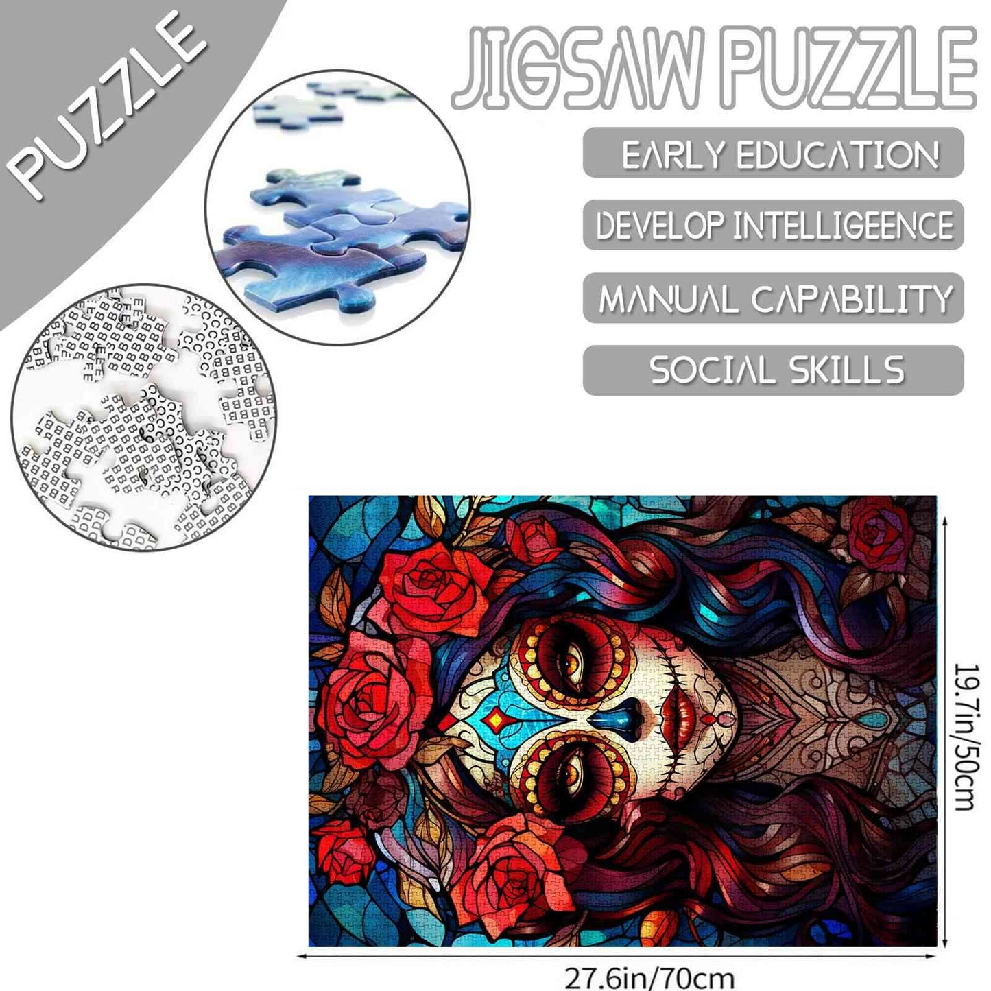 Mystical Sugar Skull Woman with Roses Jigsaw Puzzles