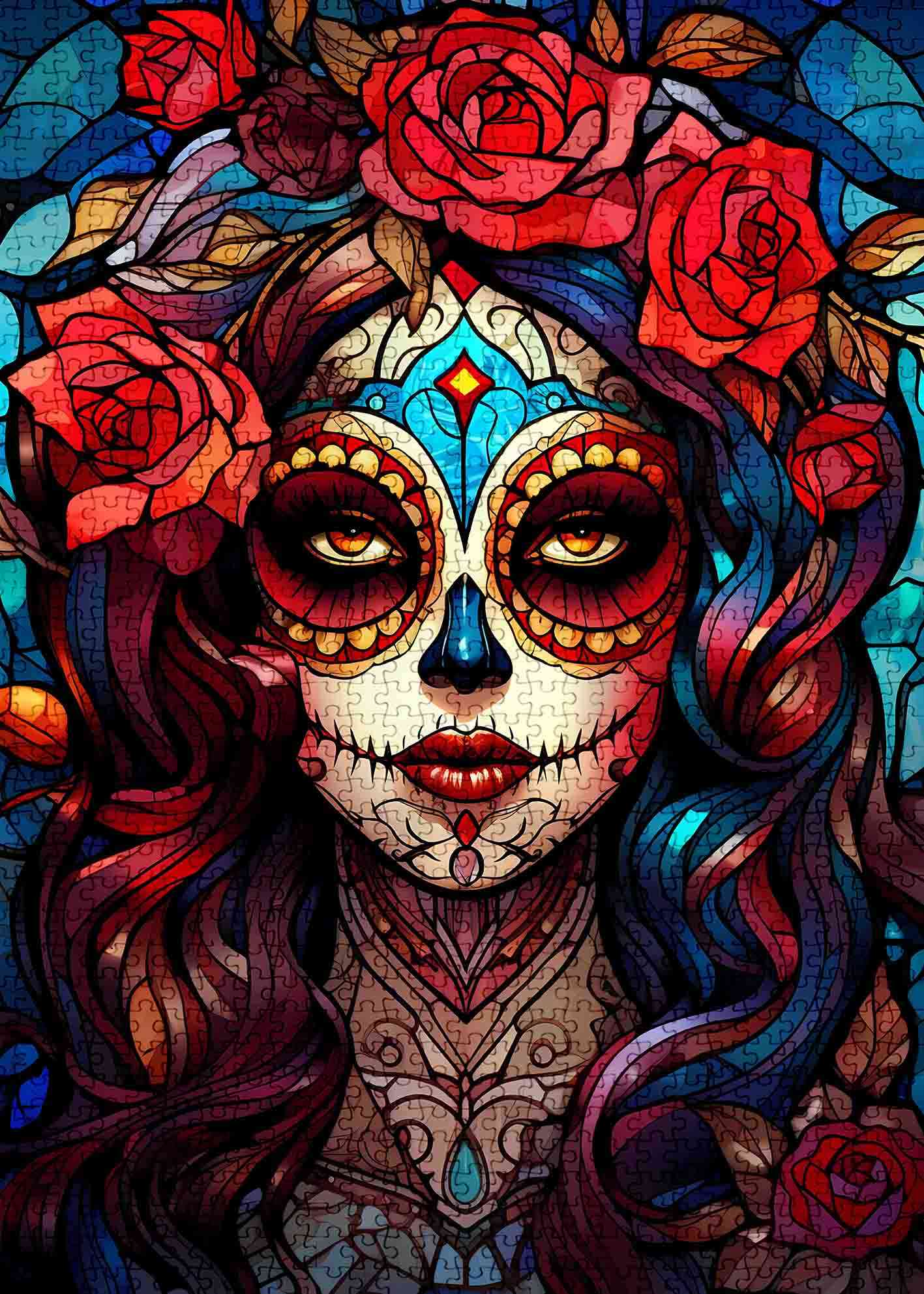 Mystical Sugar Skull Woman with Roses Jigsaw Puzzles