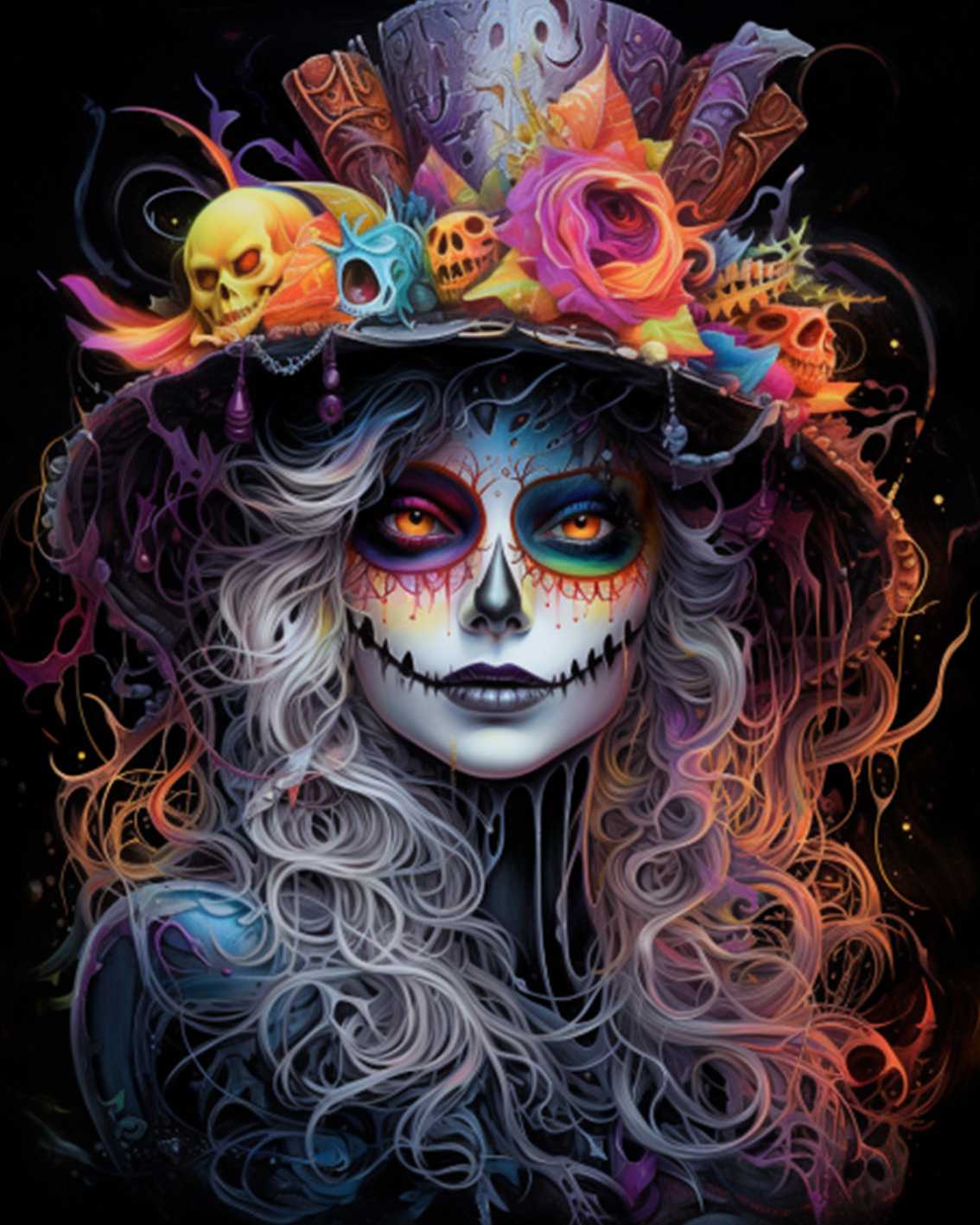 Enigmatic Woman with Skull and Flowers Paint by Numbers