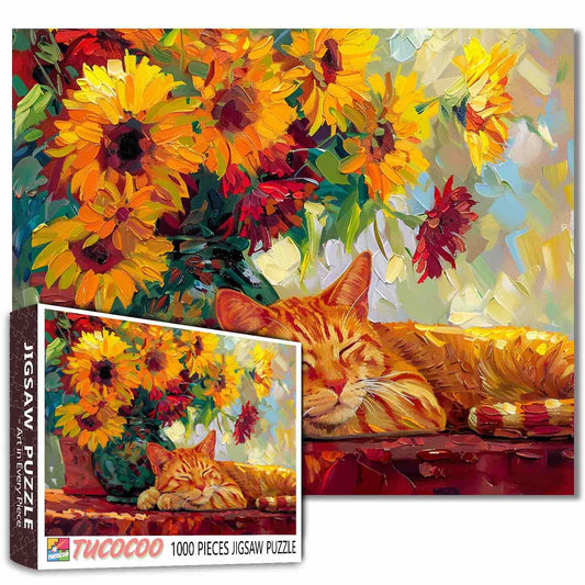 Sleeping Cat Colorful Sunflowers Jigsaw Puzzle