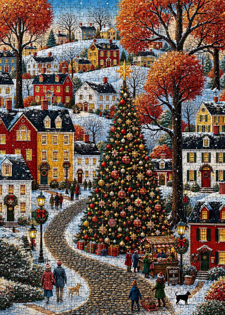 Snowy Christmas Village Square Jigsaw Puzzle