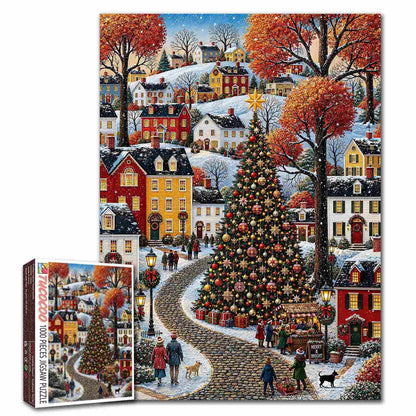 Snowy Christmas Village Square Jigsaw Puzzle