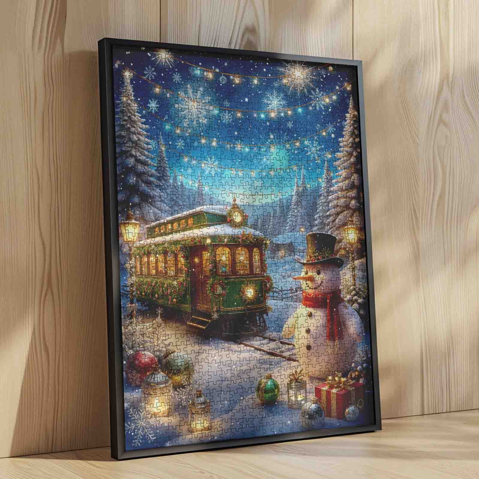 Snowy Holiday Tram and Snowman Scene Jigsaw Puzzle